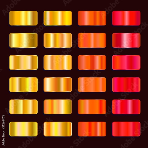 Colorful steel effect gradient color palette. Metal texture set yellow orange red gold