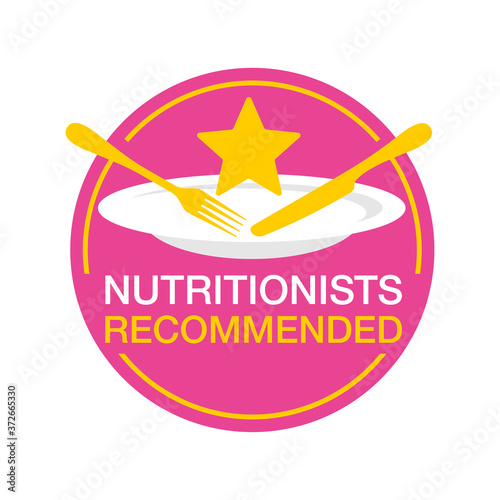 Nutritionists recommended emblem - circular stamp with plate, fork, knife and star - hor healty diet low-cal food products