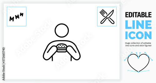 Editable line icon of a person eating food! 