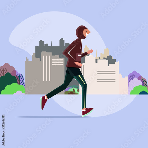 Young man running in the city. Jogging in the city. Sport and active lifestyle. Flat vector illustration. Design elements.