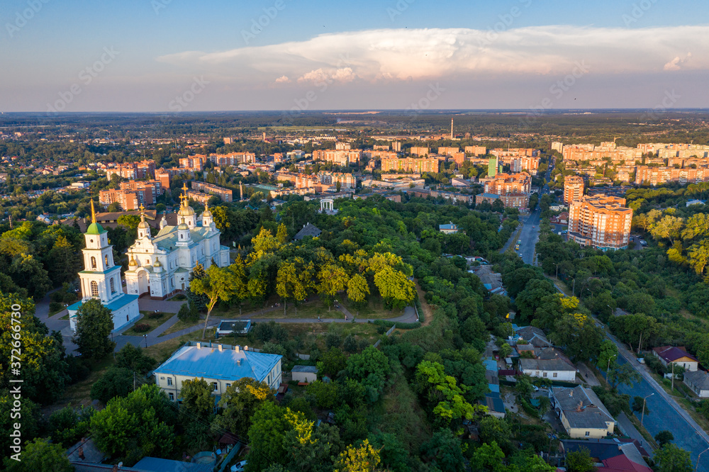 Poltava city at the sunset aerial view Ukraine.
