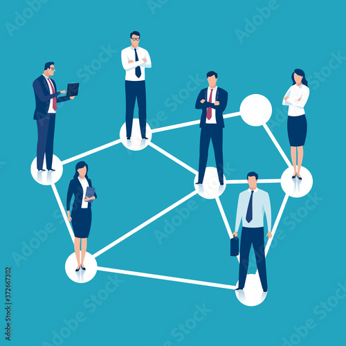 Business network. Group of business persons standing on conected dots. Business illustration..