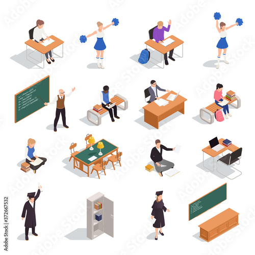 High School Isometric Icons Set