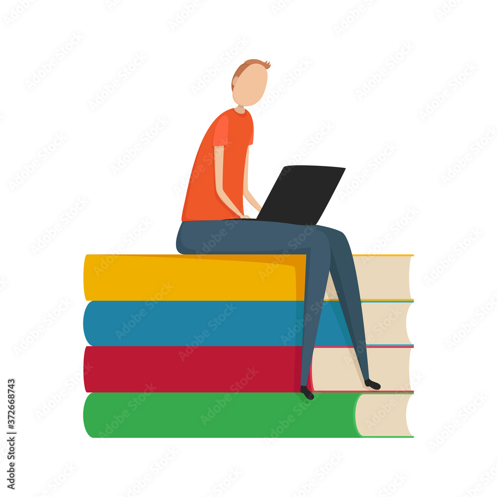 Boy sitting on stack of books. E-learning. Vector illustration.