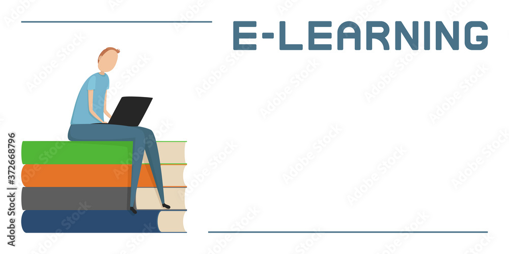 Student sitting with laptop on stack of books. E-learning. Vector illustration.
