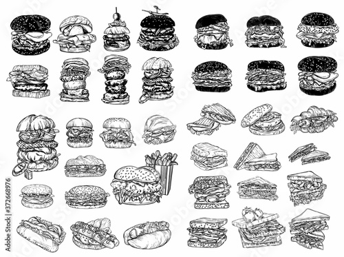 Raster fast food illustrations in the style of the sketch. Burgers, pizza, sandwiches, fries, burgers. High-quality detailed drawing of elements.