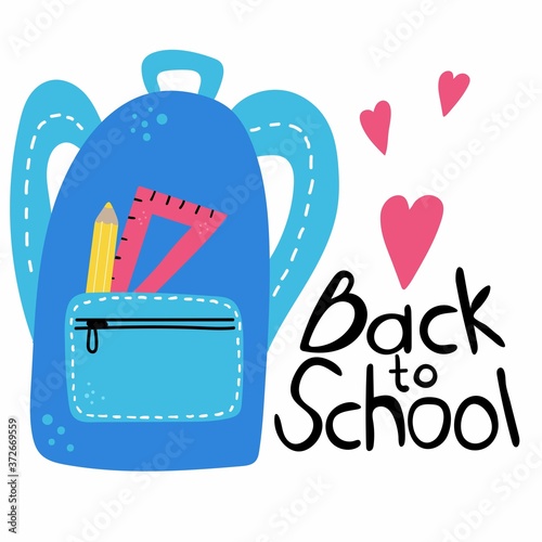 Back to school lettering. Phrase with school bag, hand drawn kids supplies flat cartoon vector isolated illustration for discount labels flyers and shopping, banner or poster photo