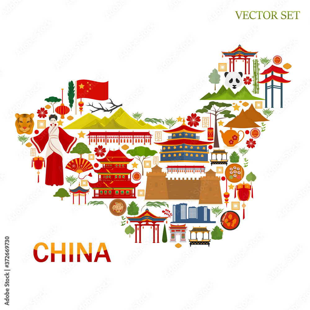 China map. Traditional Chinese symbols and architecture. Travel to China.