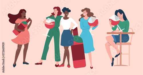 Wine concept with group of women friends enjoying a party drinking red wine from glasses and bottles, colored vector illustration