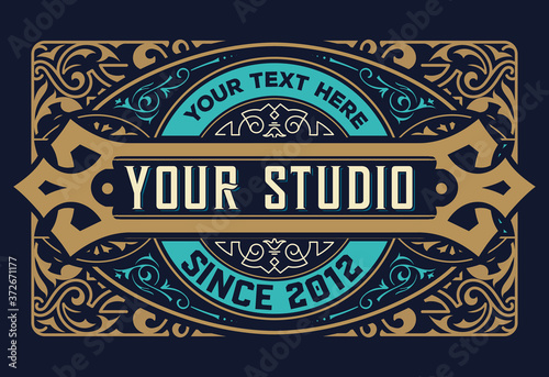 Tattoo logo template. Old lettering on dark background with floral ornaments.