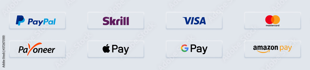 Buttons PayPal, Skrill, Payoneer, Visa, Mastercard, Google Pay, Apple
