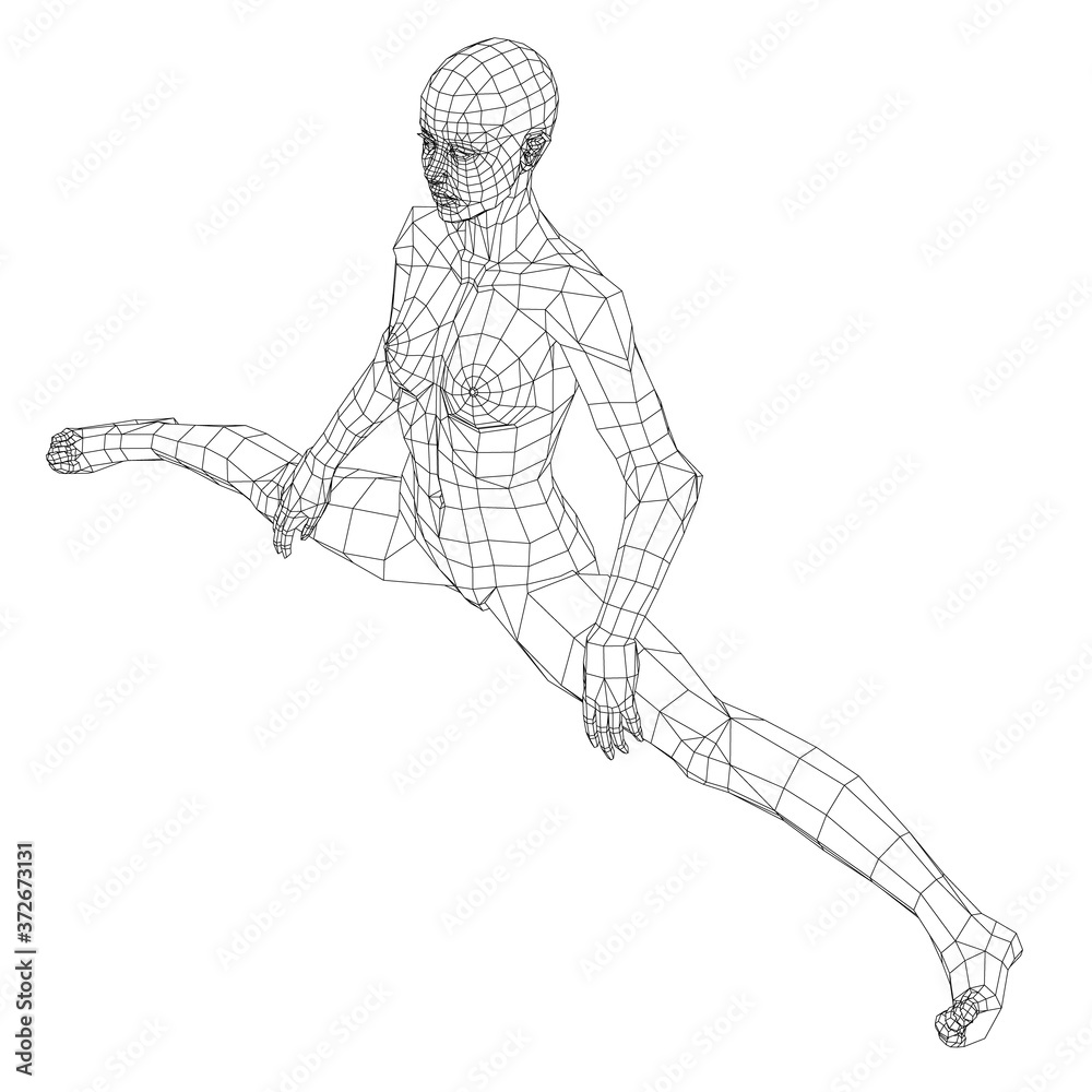 Fototapeta premium Low poly girl sitting on a twine. Isometric view. 3D. Vector illustration