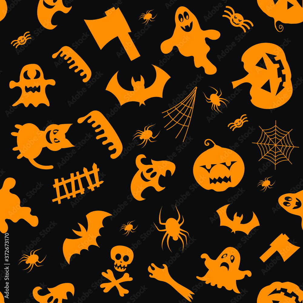 Seamless vector pattern for Halloween design. Halloween symbols: ghost, bat, pumpkin in cartoon style. Vector Illustration.