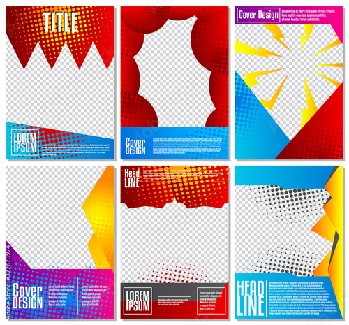 Geometry comic book style cartoon brochure, flyer template. Pack of six abstract vector design. Comics background set. Layout template in A4 size collection.