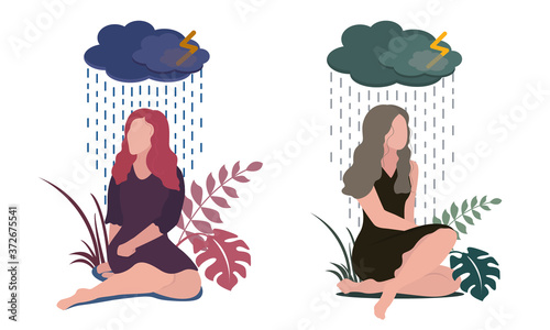 Vector illustration of a sad young women sitting under a cloud and rain isolated on a white background. Depression and melancholy concept. Flat illustration