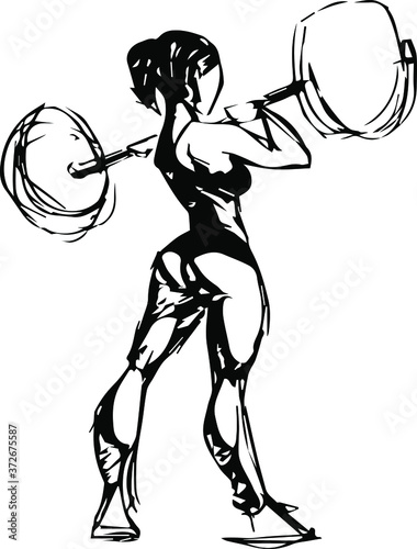 Squats, woman lifts big barbell, isolated vector silhouette.