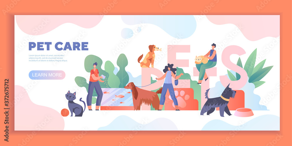 Pet Care concept with diverse people enjoying assorted activities with dogs and cats, colored vector illustration