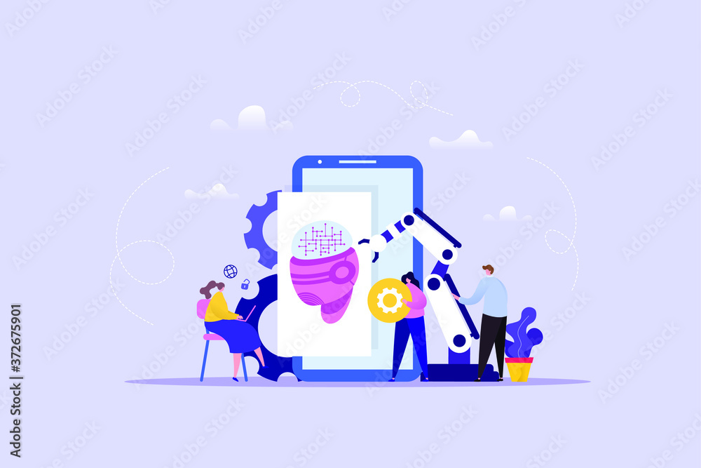 Hand drawn illustration of Artificial Intelligence with modern people character. Usable for landing page, website and mobile template. Background technology concept. Vector illustration.