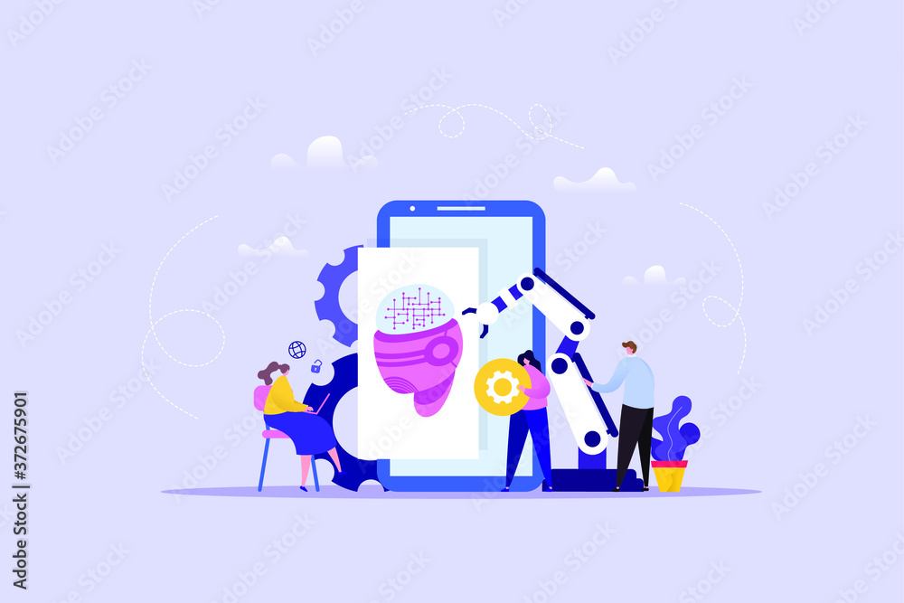 Hand drawn illustration of Artificial Intelligence with modern people character. Usable for landing page, website and mobile template. Background technology concept. Vector illustration. Hand drawn illustration of Artificial Intelligence with modern people character. Usable for landing page, website and mobile template. Background technology concept. Vector illustration.