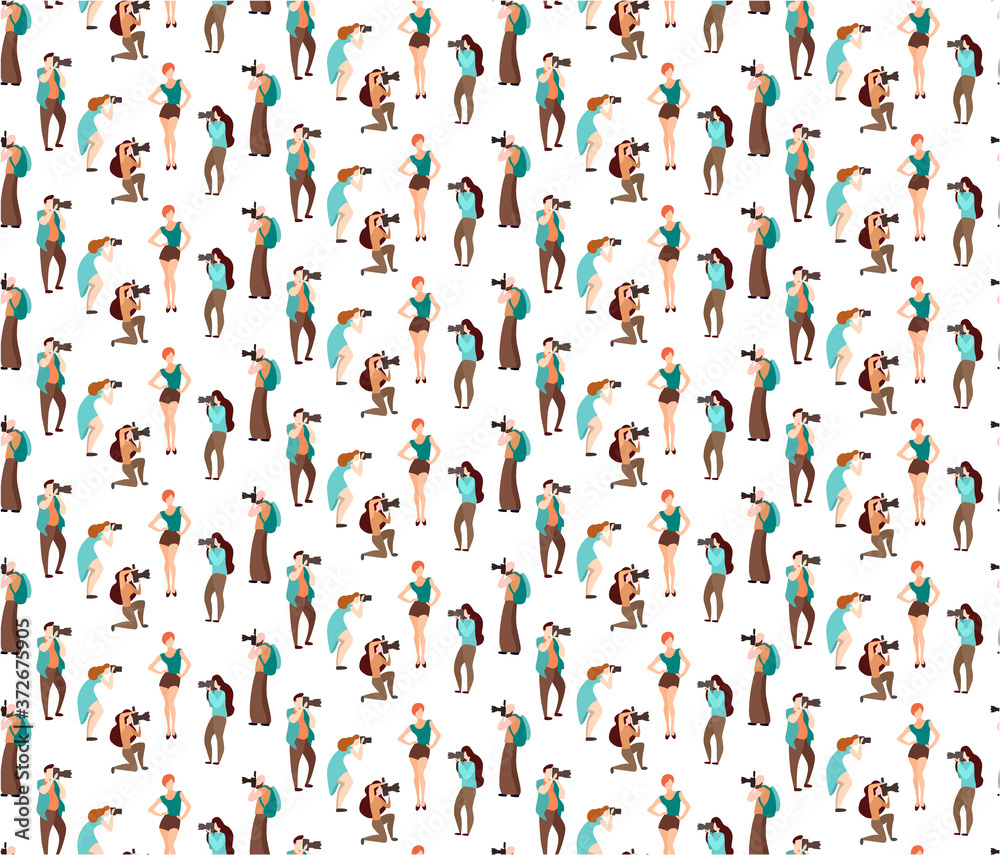 Colored vector seamless patterns People.Set of various photographers holding photo camera and photographing. Creative profession or occupation. Cute female and male cartoon characters take photo shot.