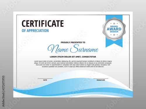 Simple Clean Stylish Blue Wavy Certificate Design, Professional Modern Certificate Template Vector