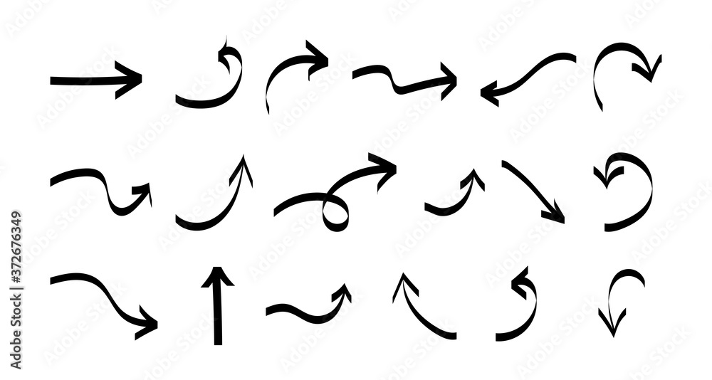 Vector hand drawn arrows. Set of black flat different direction arrows Vector hand drawn arrows. Set of black flat different direction arrows