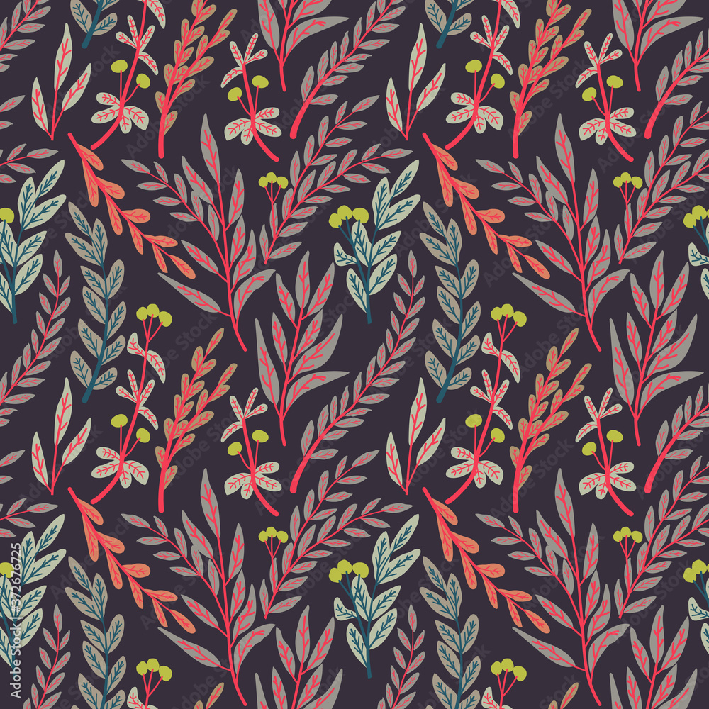 Modern seamless pattern with wild floral elements. flowers, herbs and leaves. Vector wallpaper.