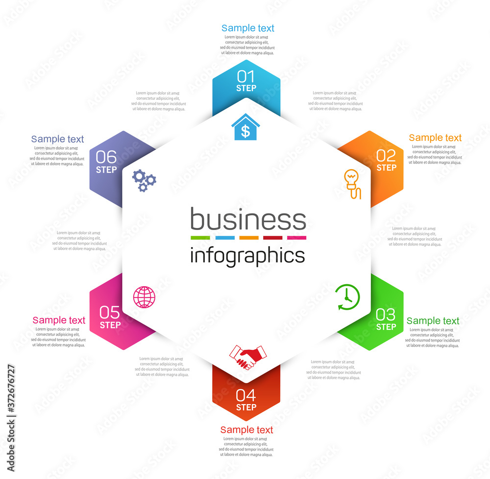 Business Infographic template. Vector design with icons and 6 options or steps. Can be used for workflow layout, diagram, number options, web design Business Infographic template. Vector design with icons and 6 options or steps. Can be used for workflow layout, diagram, number options, web design