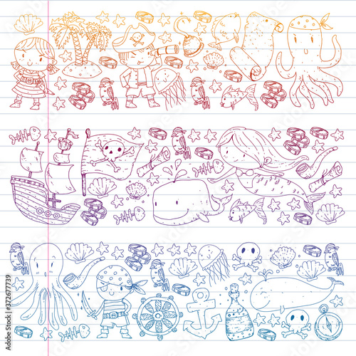 Vector pirate set in cartoon style. Sweet card with pirates, ship, whale, crab, octopus, mermaid, rum, anchor, treasure, fish, island and parrot.