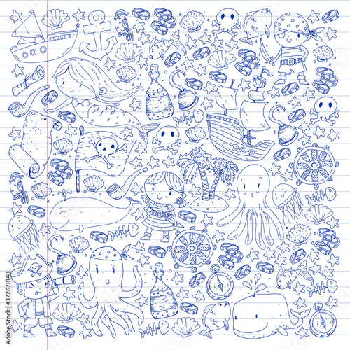 Vector pirate set in cartoon style. Sweet card with pirates, ship, whale, crab, octopus, mermaid, rum, anchor, treasure, fish, island and parrot.