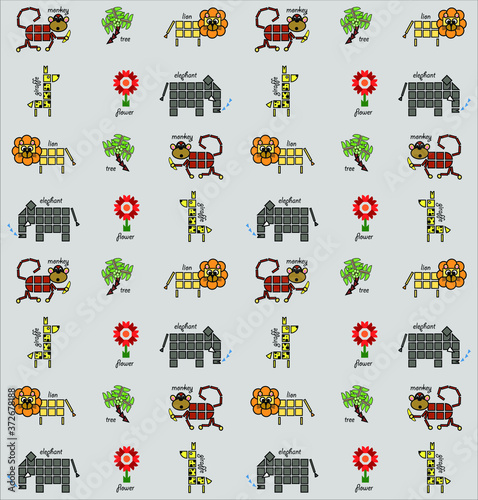 Jungle animals repeating pattern aimed at young kids and created from squares and shapes with the written names of the animals and objects: A monkey, elephant, lion, and giraffe. Vector Illustration.