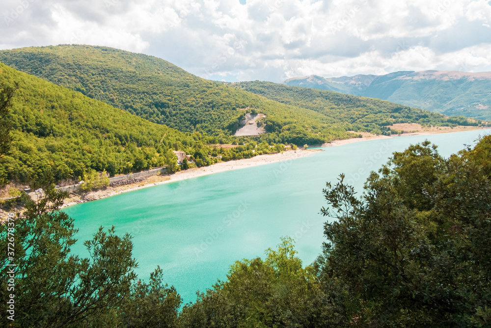 Italy, August 2020 - Panoramic view of Lake Fiastra in the Marche Region