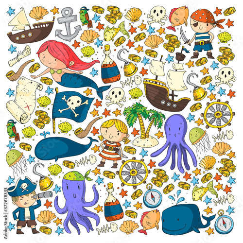 Vector pirate set in cartoon style. Sweet card with pirates, ship, whale, crab, octopus, mermaid, rum, anchor, treasure, fish, island and parrot.
