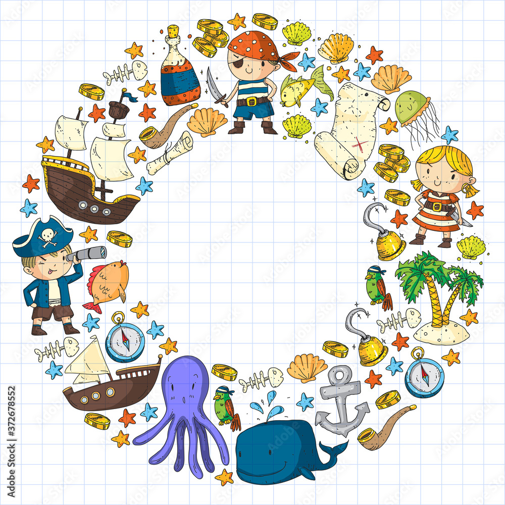 Obraz premium Vector pirate set in cartoon style. Sweet card with pirates, ship, whale, crab, octopus, mermaid, rum, anchor, treasure, fish, island and parrot.