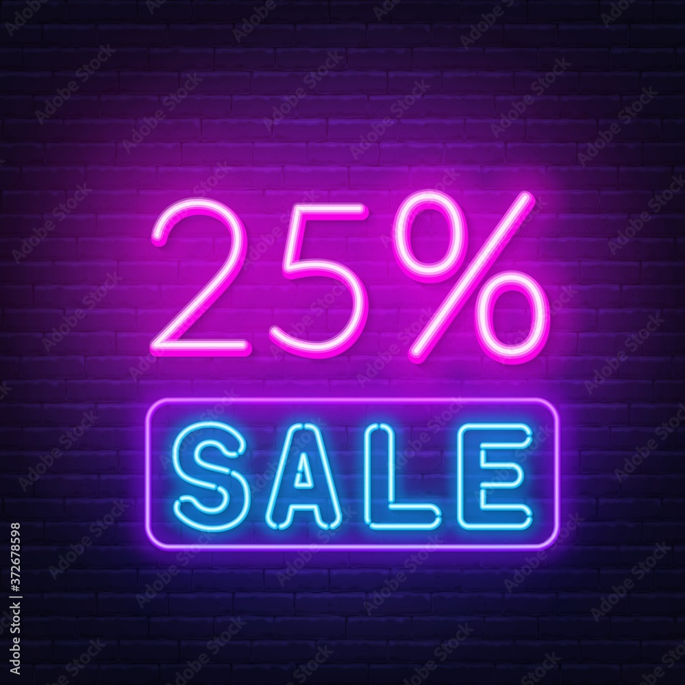 25 percent sale neon sign. Discount. Vector illustration 25 percent sale neon sign. Discount. Vector illustration