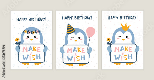 Set of birthday greeting cards design. Fun festive postcard with cute penguin and hand drawn lettering
