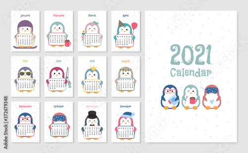 Children's calendar 2021. Cute cartoon penguin. Printable creative template