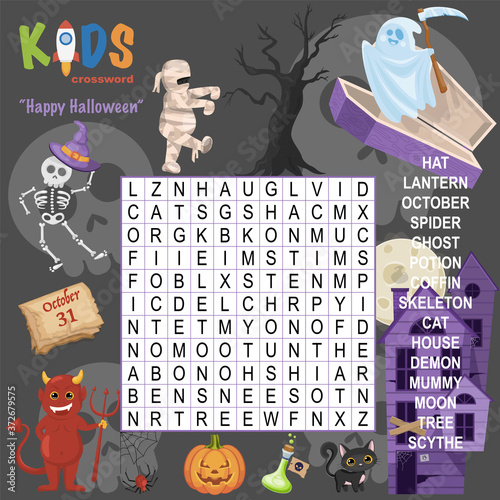 Easy word search crossword puzzle "Happy Halloween", for children in elementary and middle school. Fun way to practice language comprehension and expand vocabulary. Includes answers.