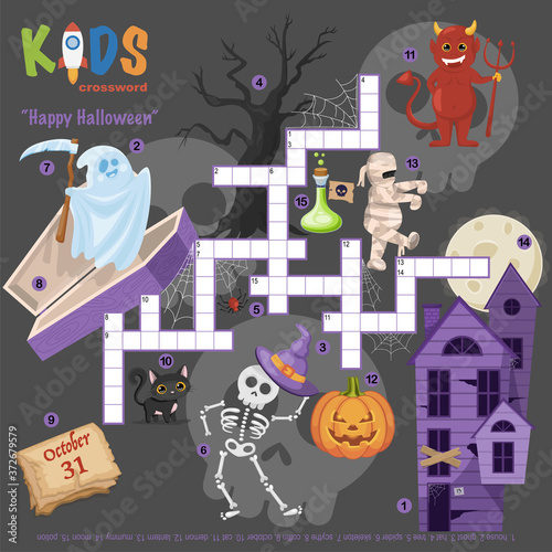 Easy crossword puzzle "Happy Halloween", for children in elementary and middle school. Fun way to practice language comprehension and expand vocabulary. Includes answers.