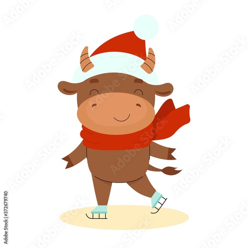 A cute little bull is skating on ice. Happy New Year. Chinese new year symbol.Christmas card. 2021 year. Flat vector cartoon illustration isolated on white background