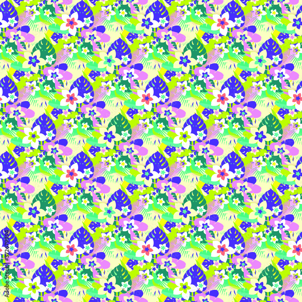 Tropical seamless pattern with bright leaves and flowers. seamless background. Vector illustration. Tropical seamless pattern with bright leaves and flowers. seamless background. Vector illustration.