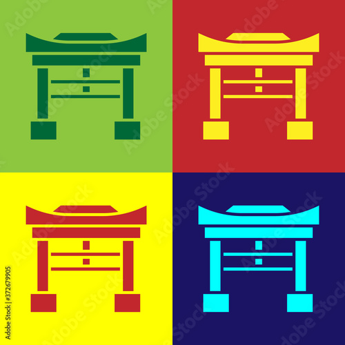 Pop art Japan Gate icon isolated on color background. Torii gate sign. Japanese traditional classic gate symbol. Vector Illustration.