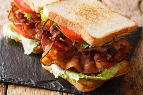 Popular American appetizer blt sandwiches with crispy bacon, fresh salad and tomatoes close-up on a slate board. horizontal photo