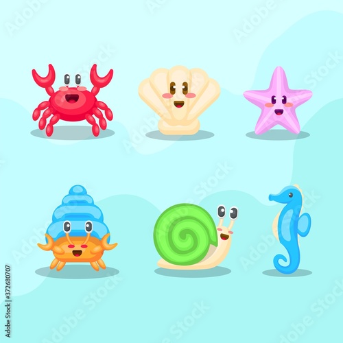 cute kawaii summer animals in sea