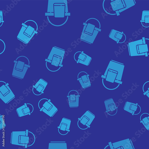 Blue Bucket with rag icon isolated seamless pattern on blue background. Cleaning service concept. Vector Illustration.