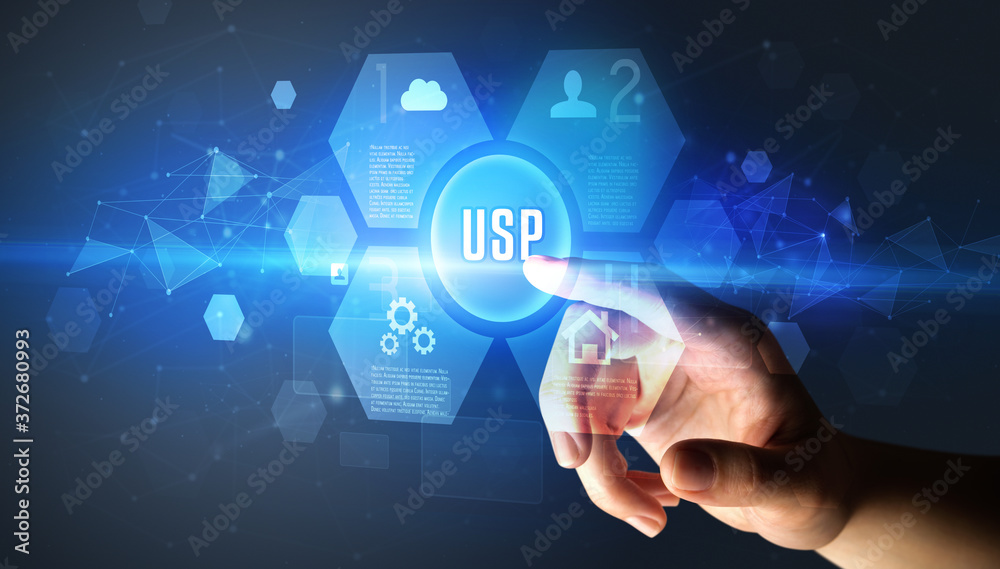 Hand touching USP inscription, new technology concept Hand touching USP inscription, new technology concept