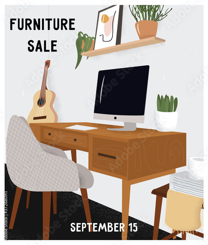 Furniture sale flyer. Modern minimalistic hand drawn cabinet interior vector flat illustration. White walls, a wooden table, a computer, a shelf with flowers, magazines and a guitar. © divanovskaya_nv
