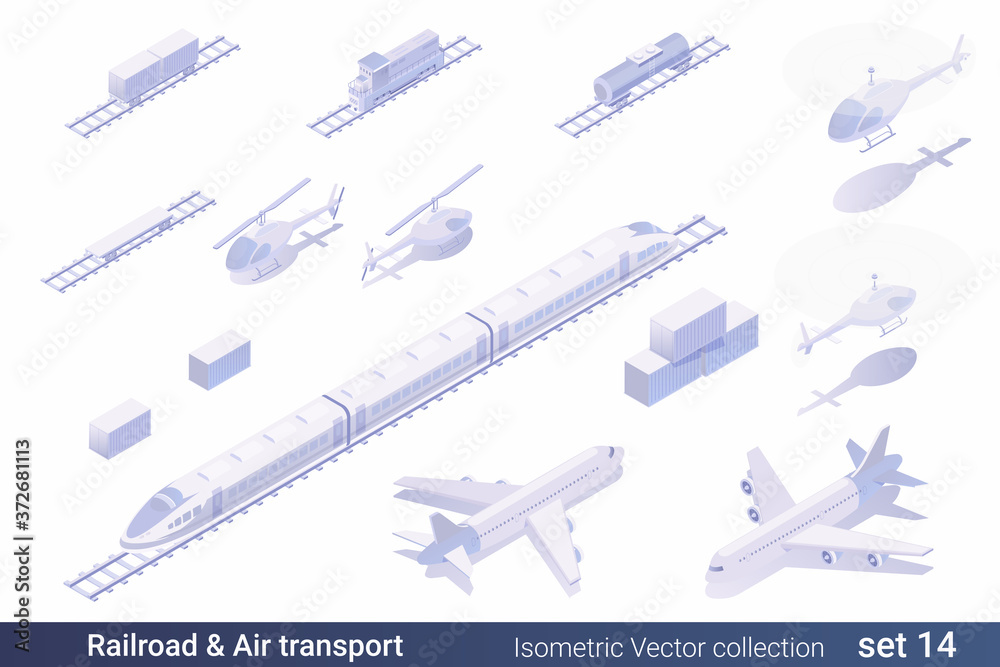 Isometric Flat 3D Railroad Air Transport Vehicle vector collection: 
Speed Train, railway carriage, railway road, helicopter, airplane,