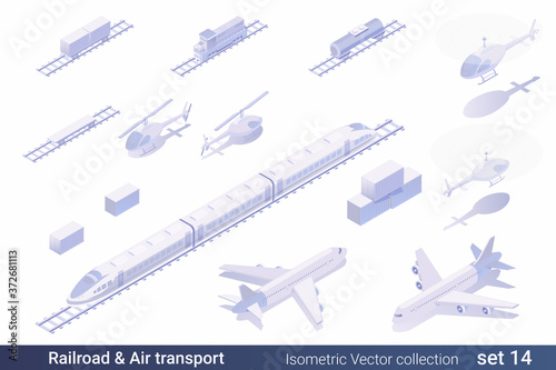 Isometric Flat 3D Railroad Air Transport Vehicle vector collection: Speed Train, railway carriage, railway road, helicopter, airplane,