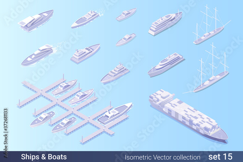 Isometric Flat 3D Water Transport Vehicle vector collection: 
Cargo Barge, Sailboat, Ship, Boat, Yacht